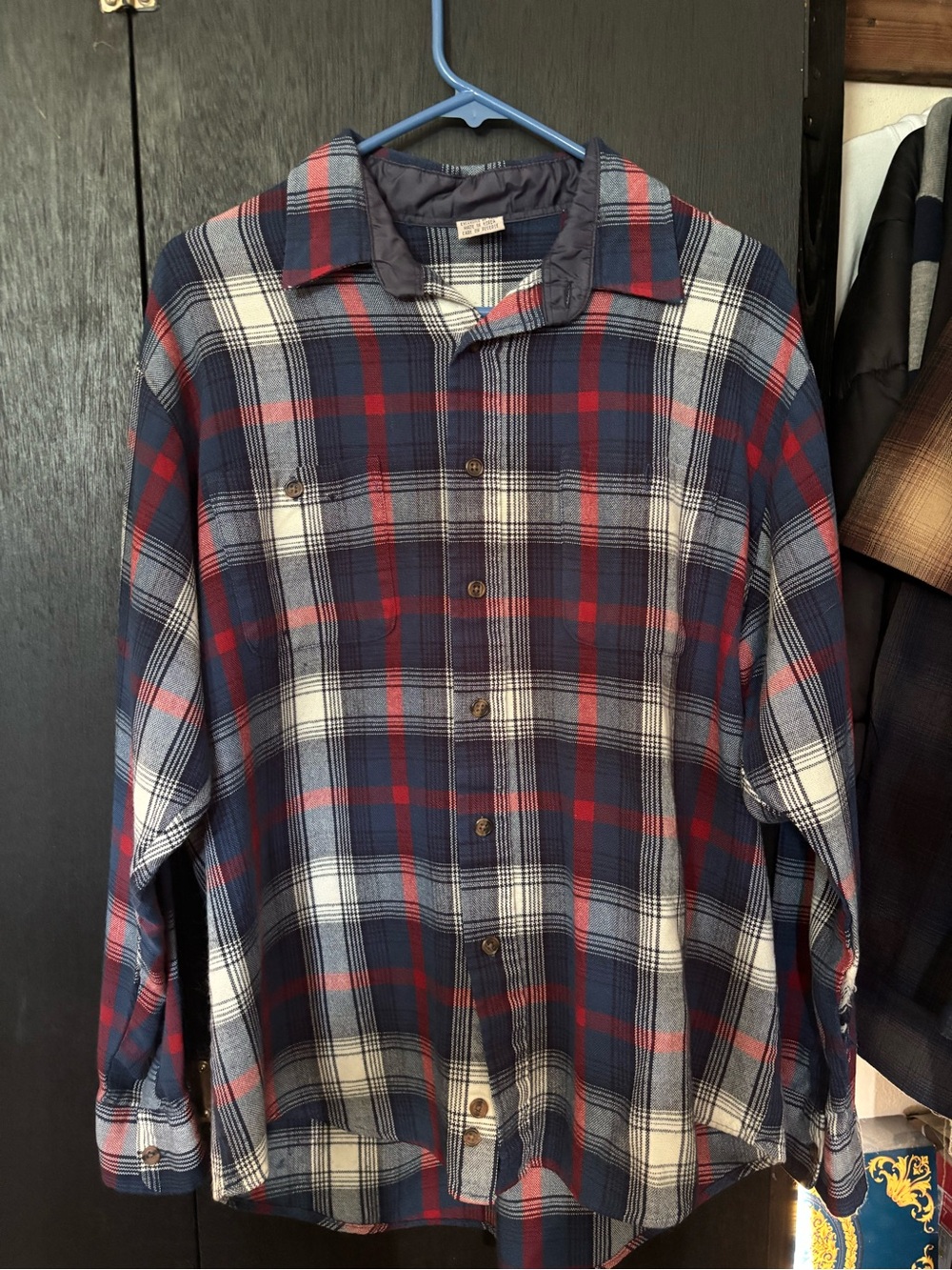Men's Plaid Button-Down Shirt — Navy, Red & White